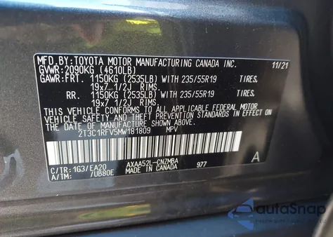 2021 Toyota Rav4 Xle Premium from USA, damaged, VIN 2T3C1RFV5MW181809